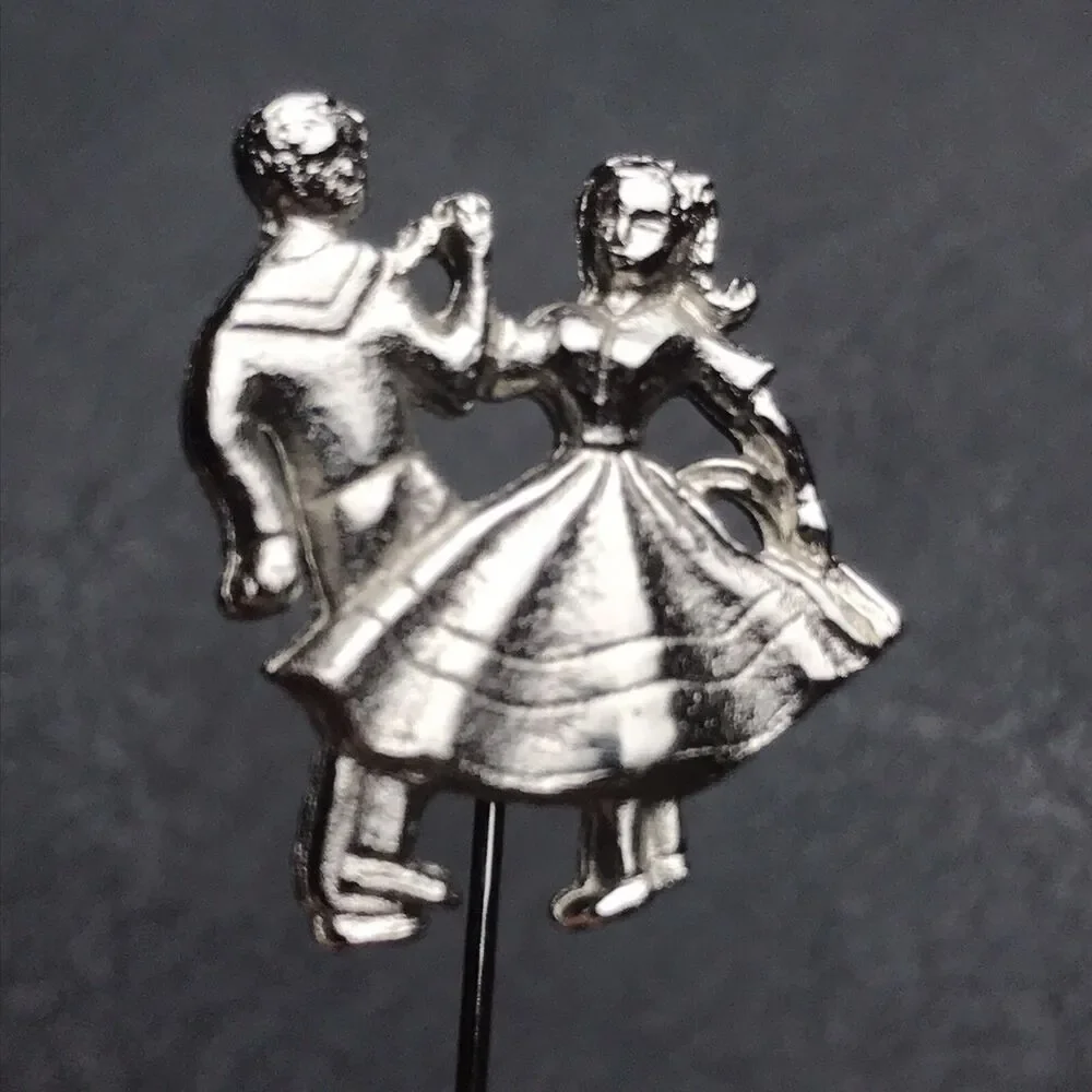 Silver Toned Dancing Couple Stick Pin Brooch Metal Vintage Dance Jewelry